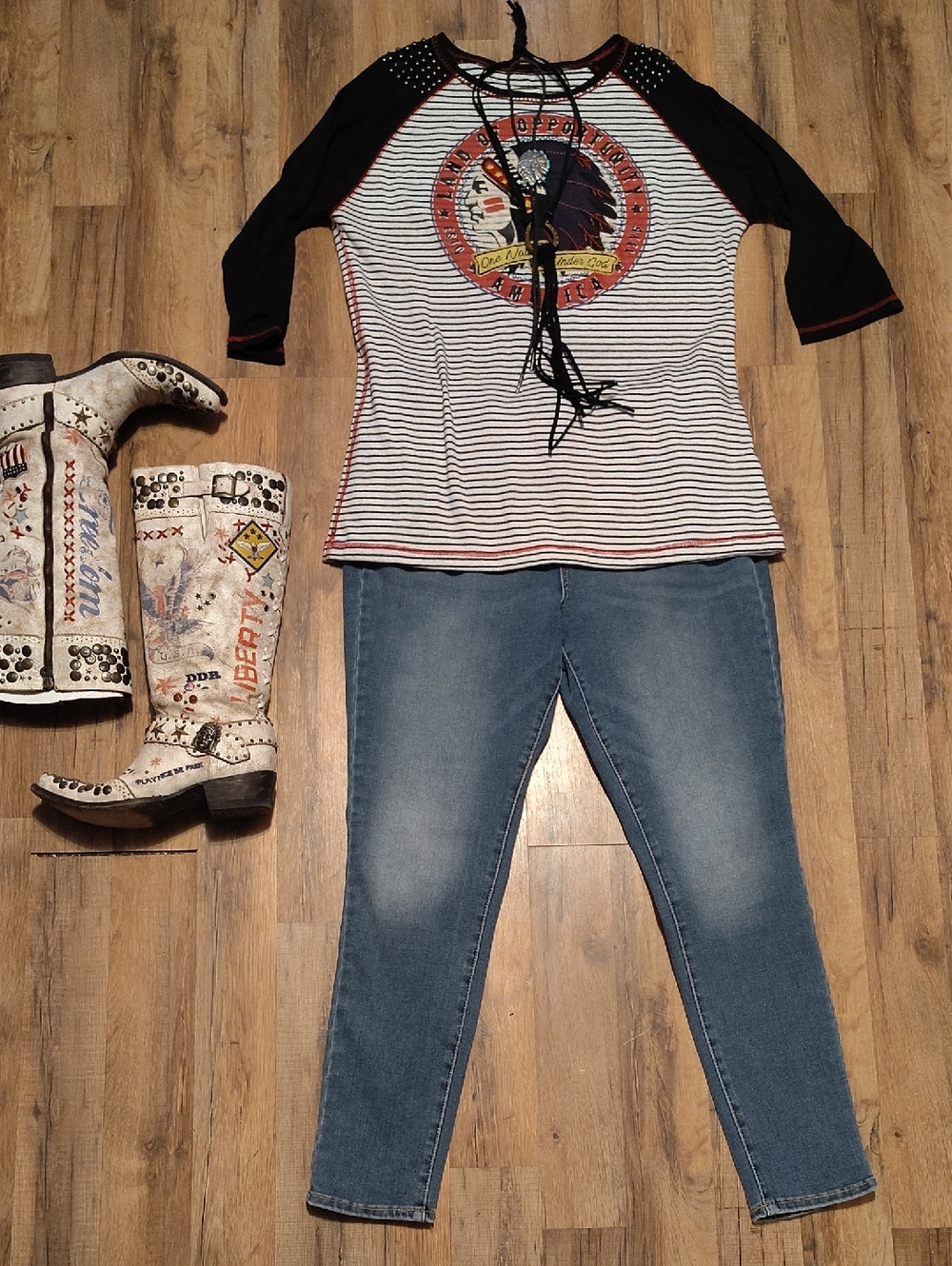 Double D Ranch Striped Graphic Raglan Top with Studded Shoulders - Black & White